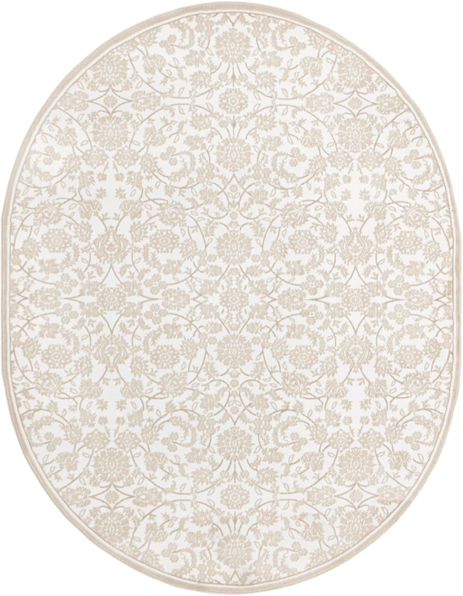 A 7' x 10' oval white rug with a subtle traditional floral pattern in light beige, featuring a textured pile.