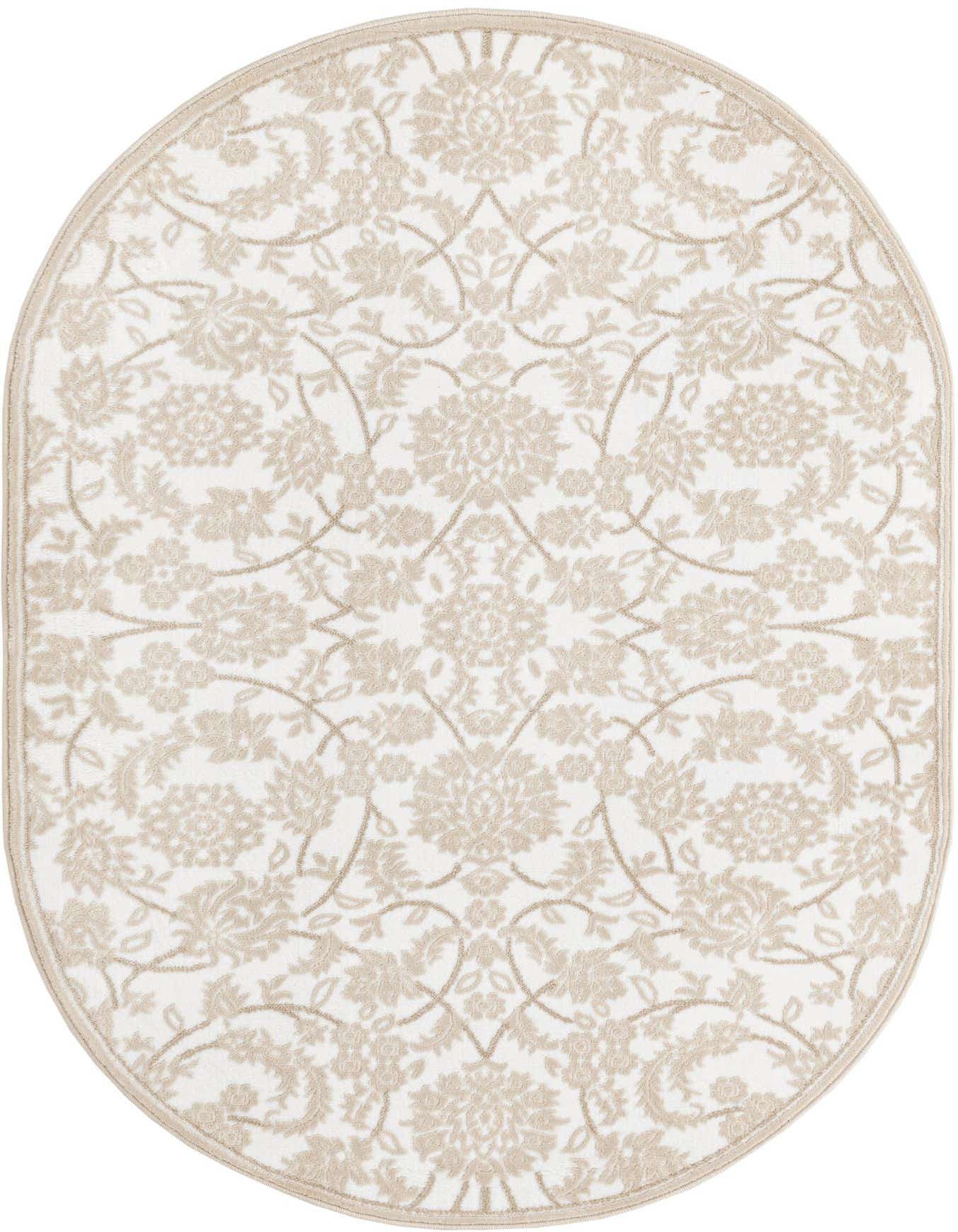 An oval 4'x6' Nepal rug by Rugs.com, featuring a traditional white and beige floral pattern with a textured pile.