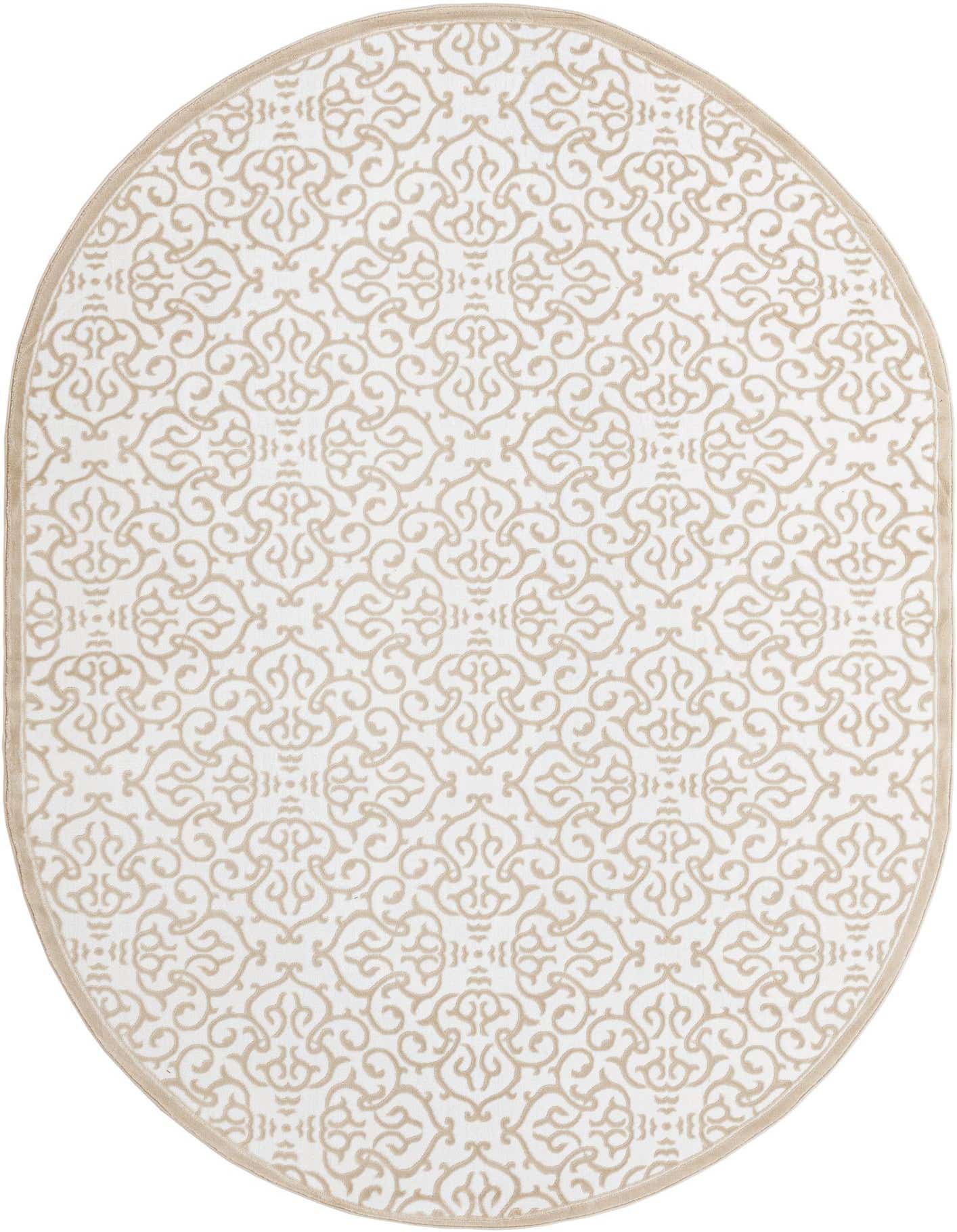 A 7' x 10' oval Rugs.com Nepal rug featuring a white background with a subtle, textured tan floral pattern and a tan border.