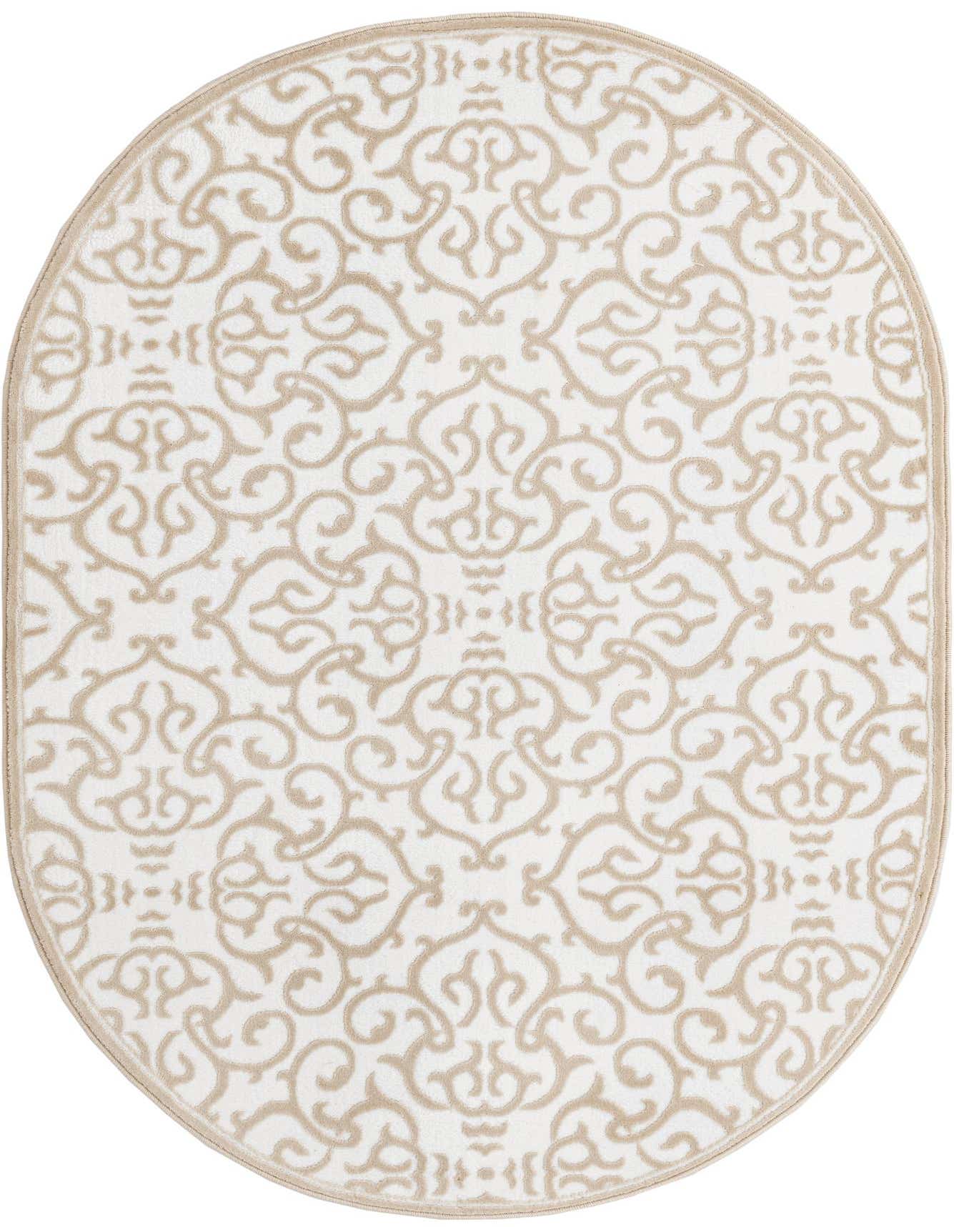 An oval 4' x 6' white rug with a subtle beige floral pattern and a beige border, featuring a textured pile.