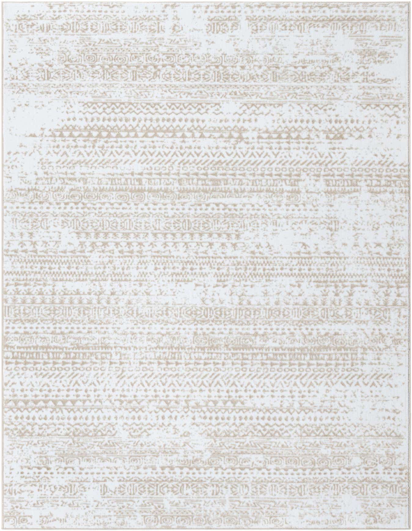 A 6x9 rectangular white and beige tribal stripe rug with a textured high/low pile, perfect for a living room.