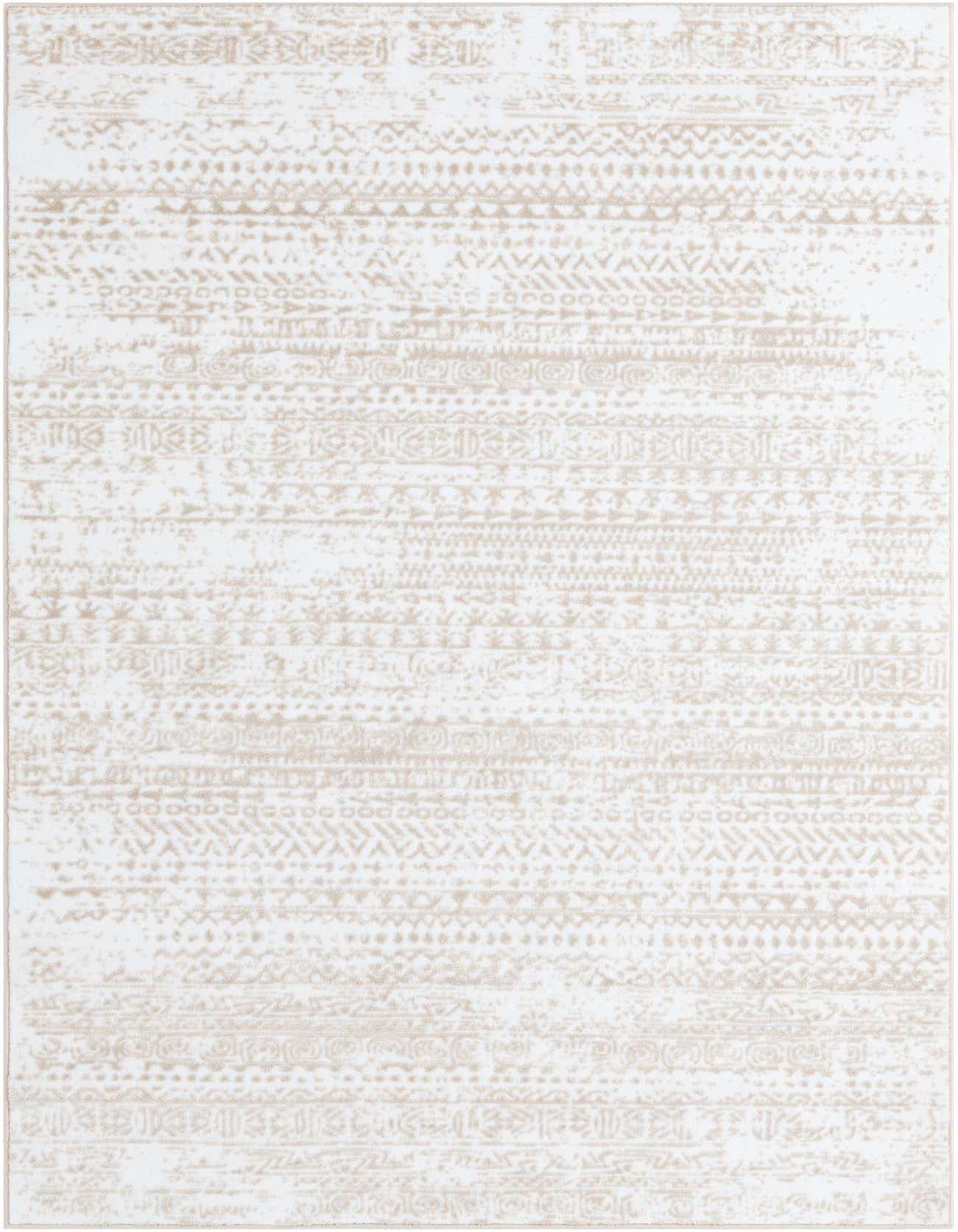 A 5x8 rectangular white and beige tribal stripe rug with a textured high-low pile, suitable for a living room.