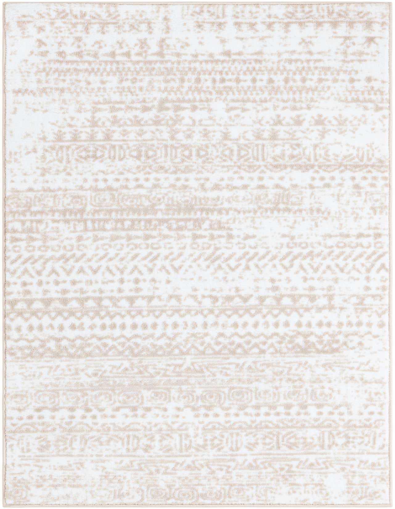 A 3x5 rectangular white and beige tribal patterned rug with a textured high-low pile, suitable for indoor spaces.