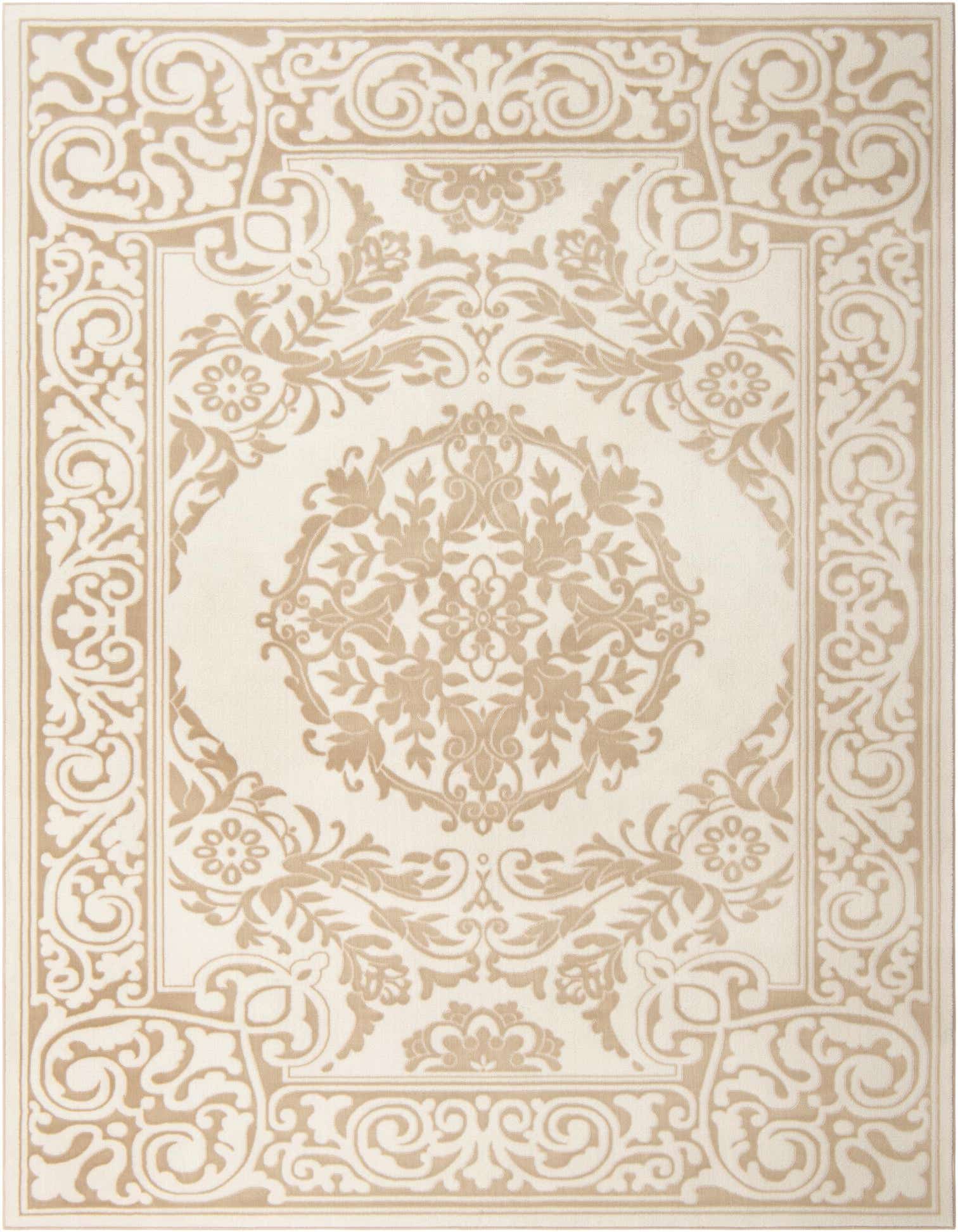 A 9x12 rectangular Hermitage rug featuring an intricate white and beige vintage medallion pattern, ideal for a living room.