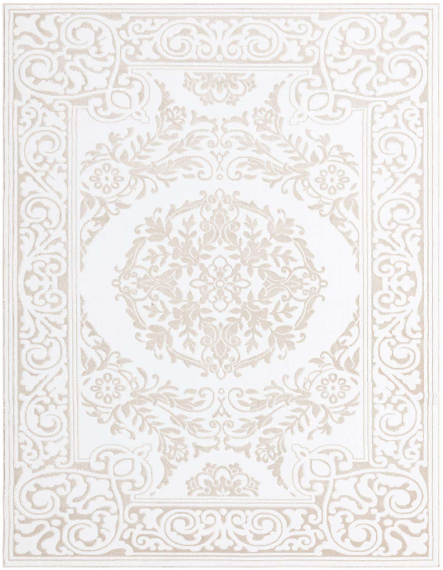 A 7x10 rectangular white area rug featuring an elegant, light beige traditional medallion and border pattern.