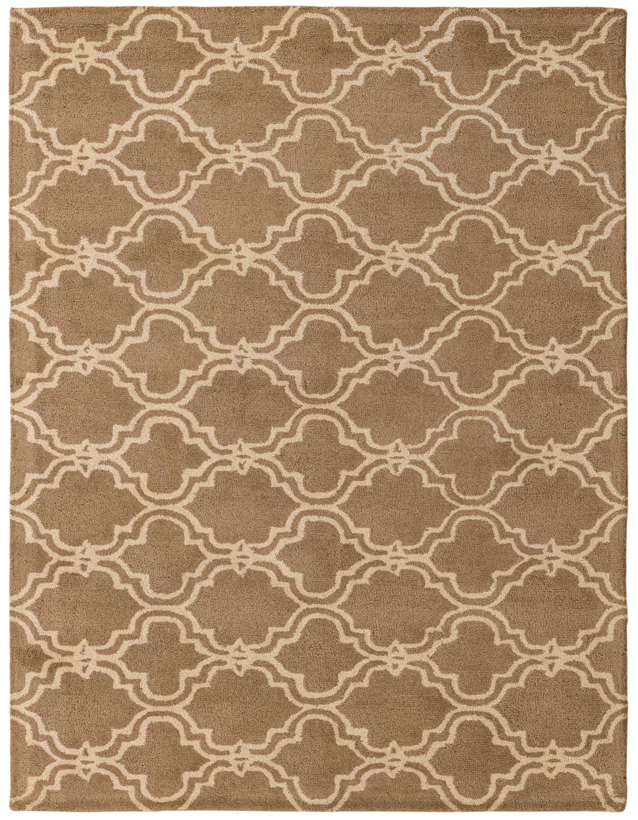 A 5x8 rectangular white wool rug with a high pile and a modern abstract pattern, perfect for a living room.