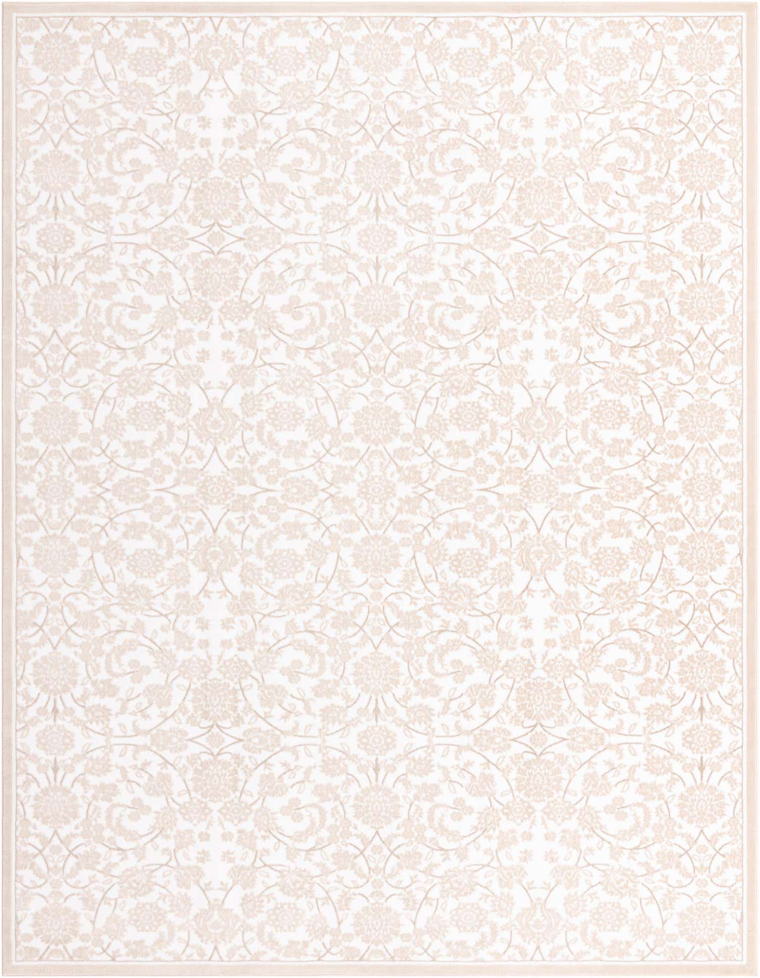 A 10x13 rectangular white area rug featuring a subtle, textured traditional floral and botanical pattern with a delicate border.