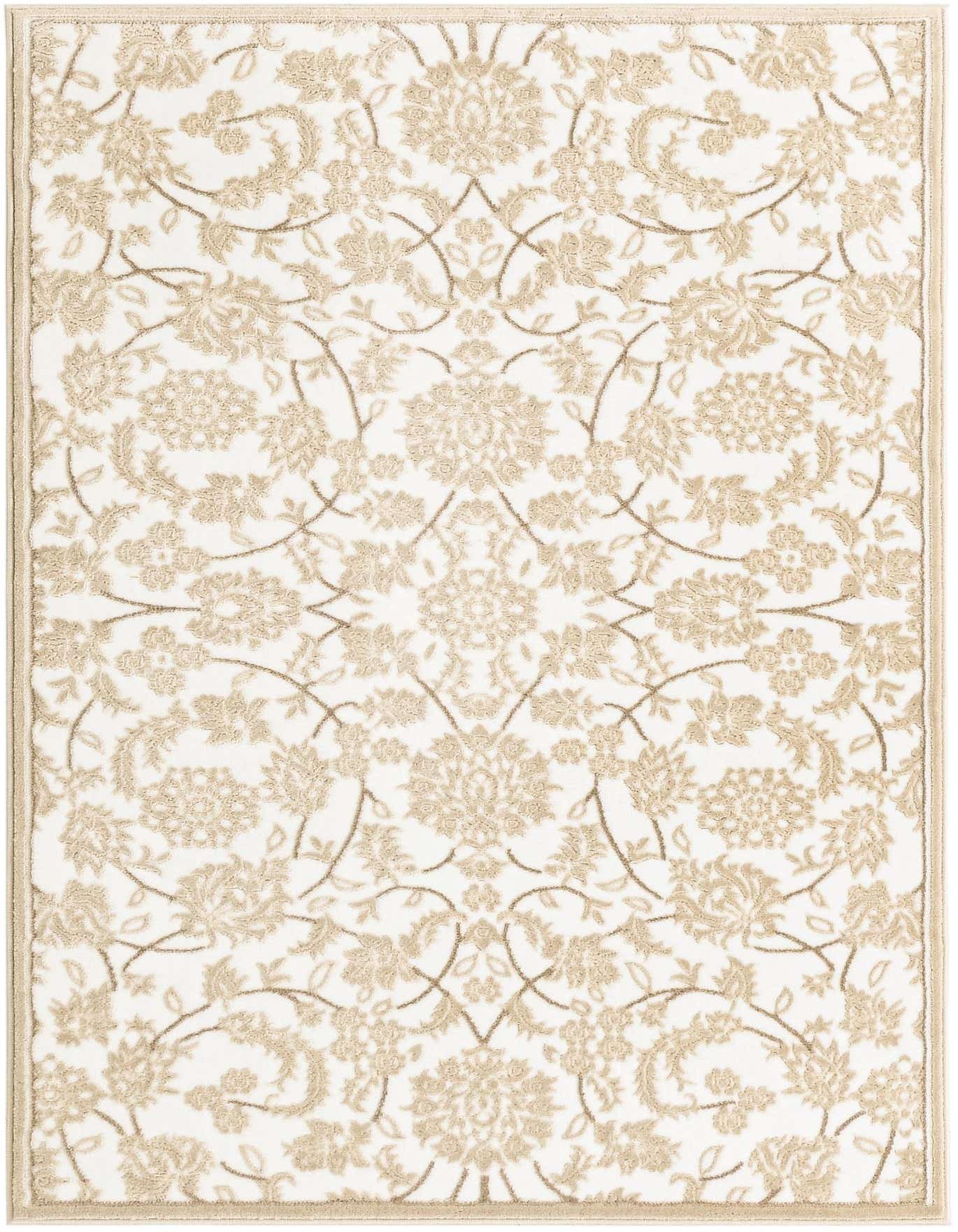 A 4x6 rectangular Nepal rug by Rugs.com featuring a white background with an intricate, textured beige floral and botanical pattern.