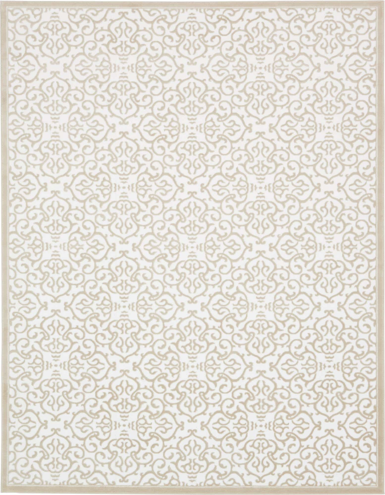An 8x11 rectangular white area rug with a subtle, textured beige botanical and scroll pattern, framed by a thin beige border.
