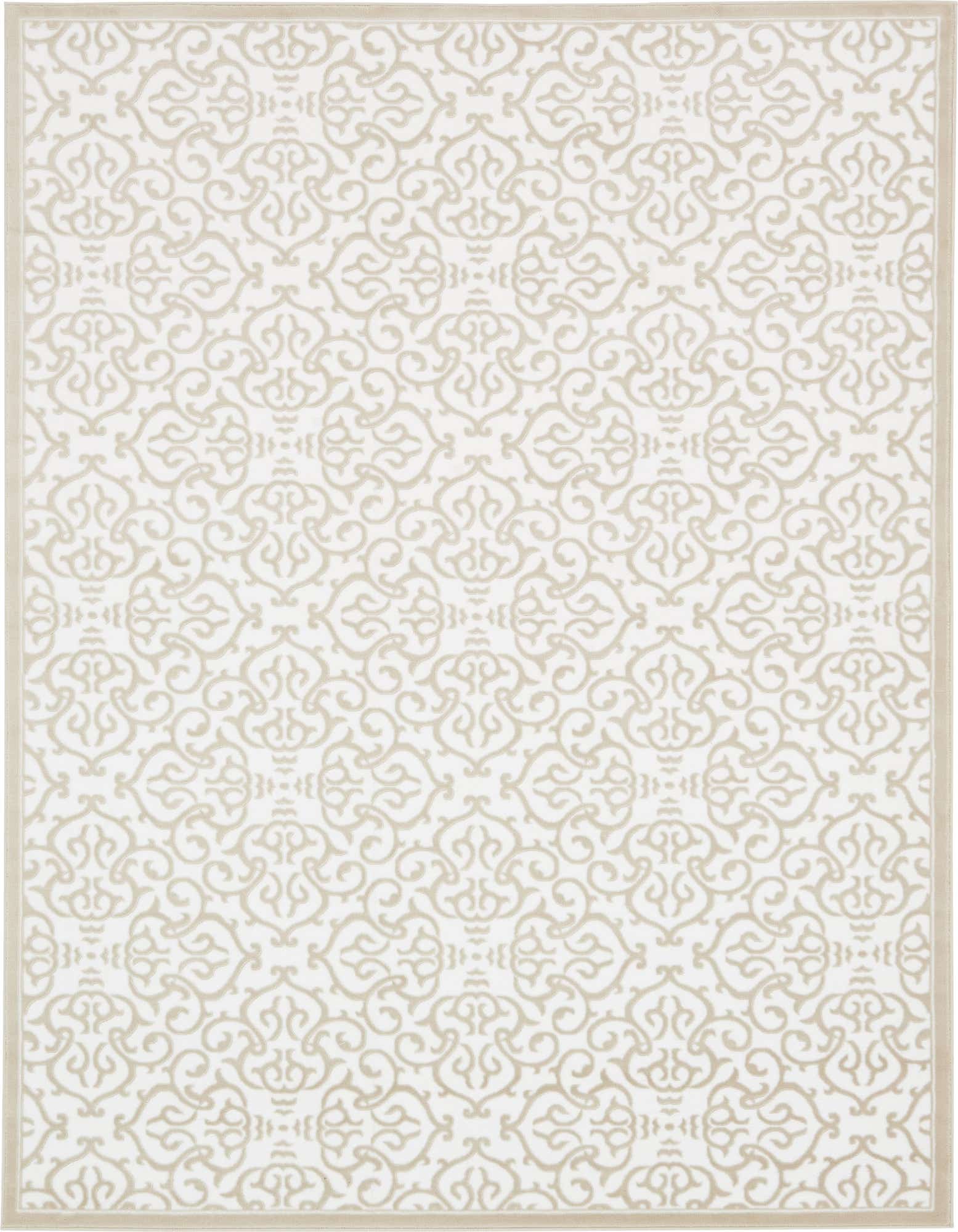 A 7x10 rectangular Nepal rug by Rugs.com featuring a repeating botanical and scroll pattern in light beige against a white background, with a thin beige border.