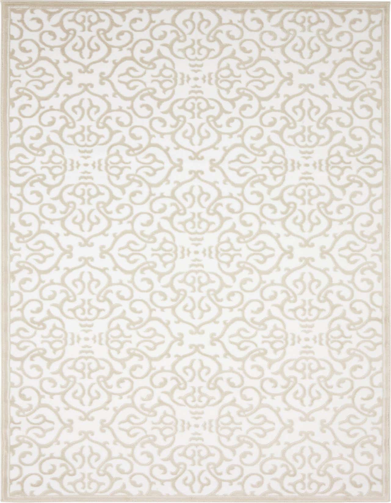 A 5x8 rectangular white rug with an elegant, textured beige botanical and scroll pattern, ideal for a living room.