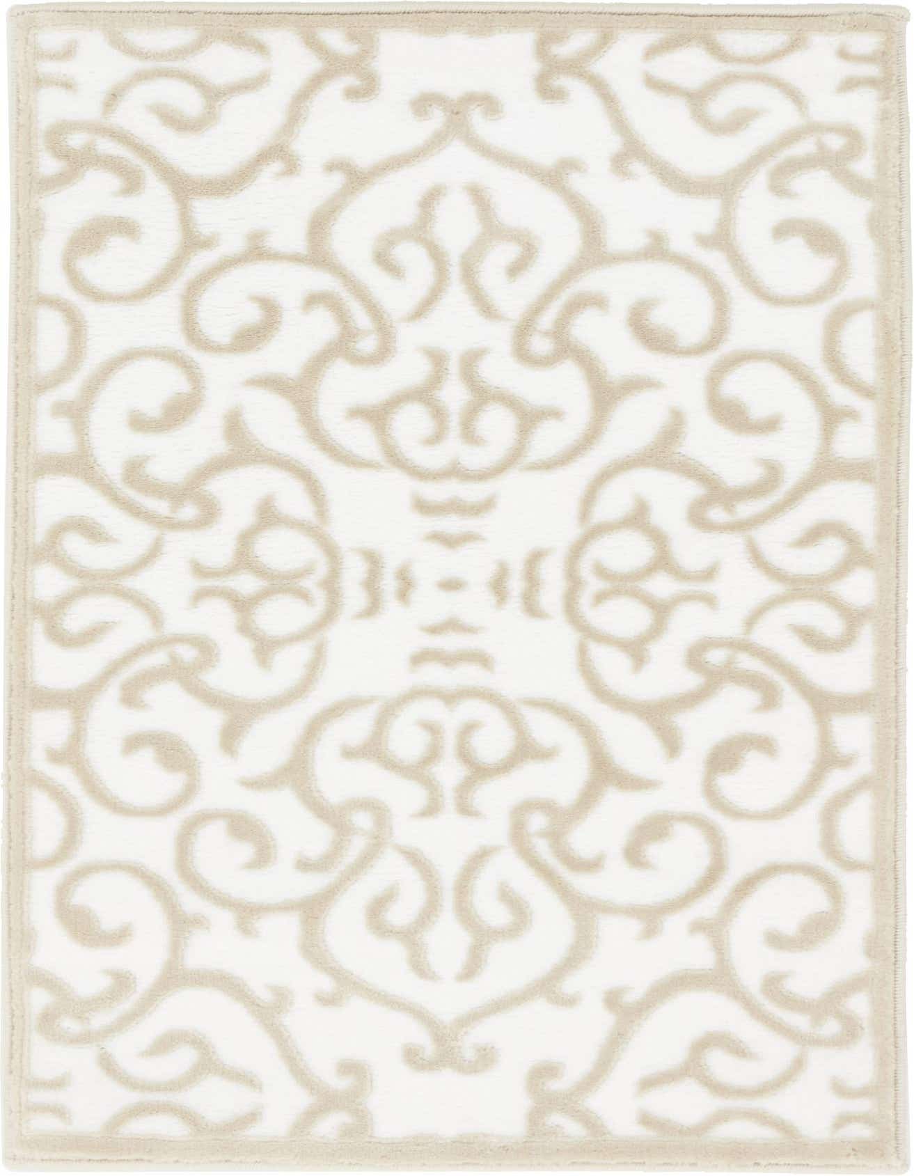 A 2x3 rectangular Nepal rug featuring a raised beige traditional floral pattern on a white background, with a textured pile.