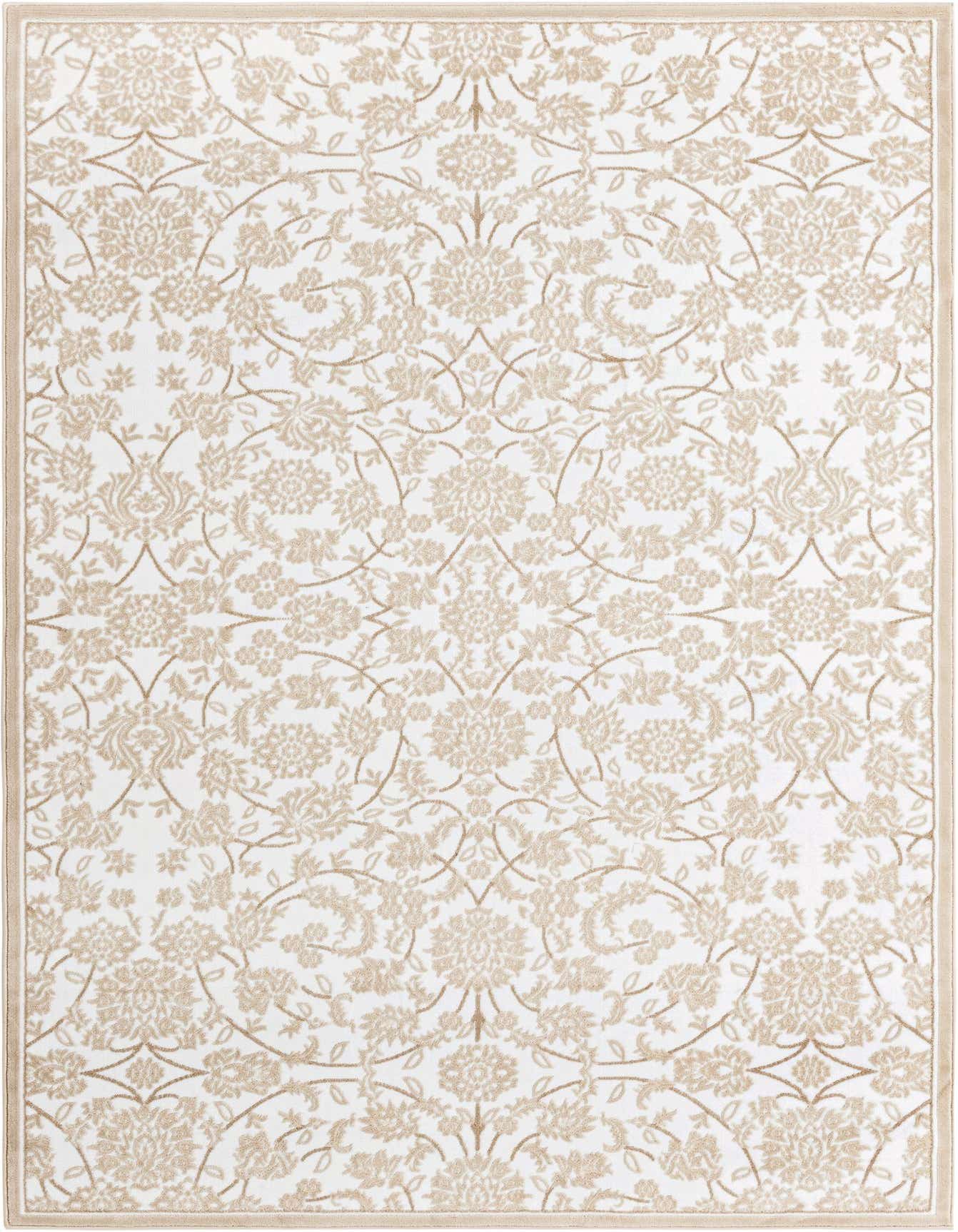 A 6x9 rectangular Nepal rug by Rugs.com, featuring a white background with an intricate beige floral and vine traditional pattern, framed by a thin border.