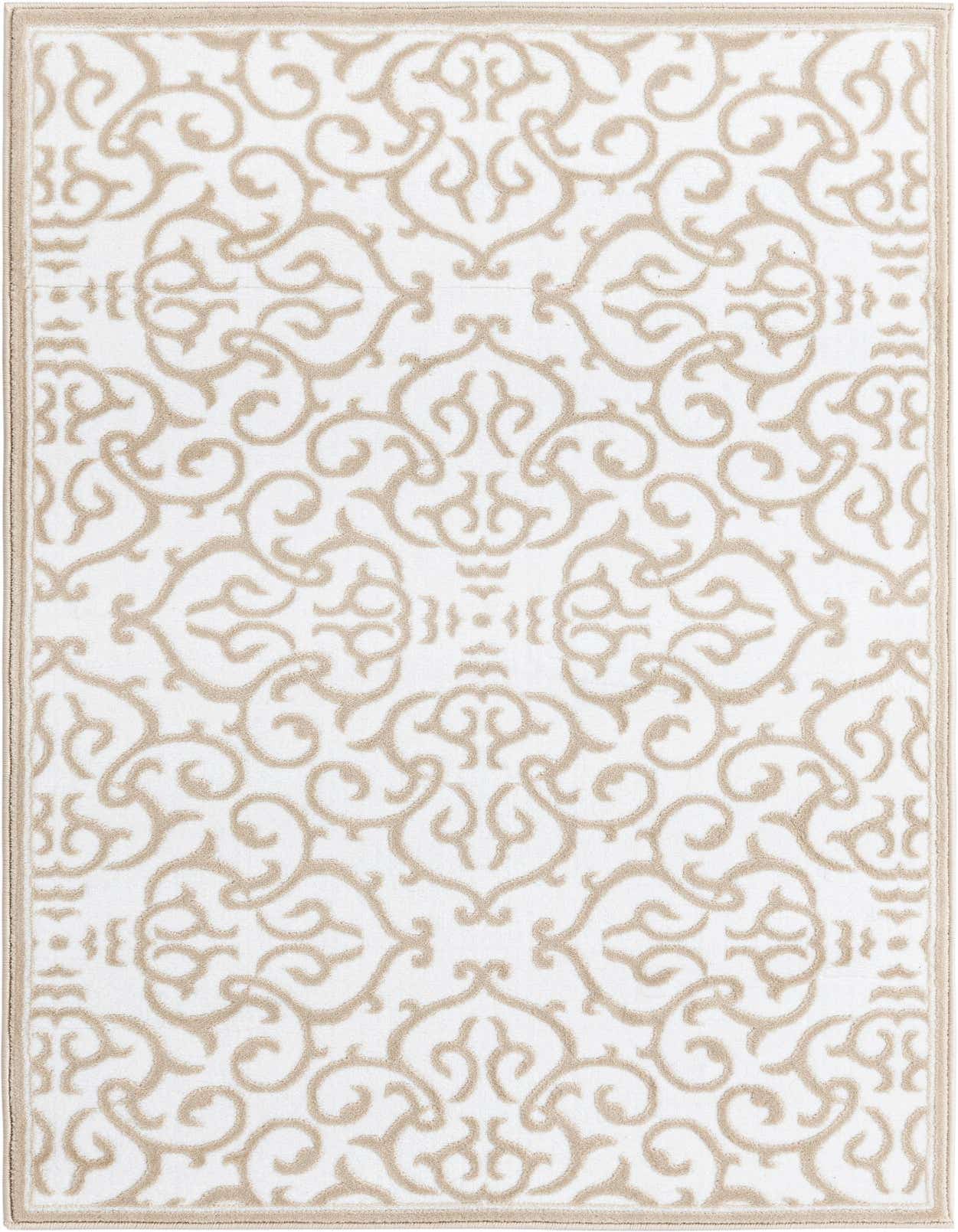 A 3x5 rectangular white area rug with a textured tan Hollywood Regency floral pattern and a thin tan border.
