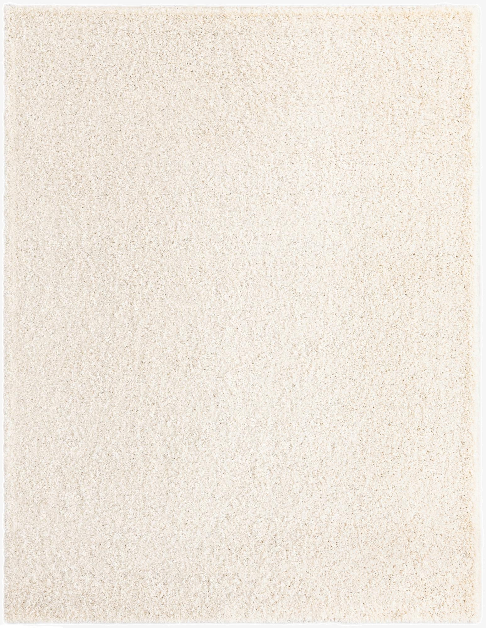 A plush 8x10 rectangular white shag rug, perfect for adding soft texture to a modern living room or bedroom.