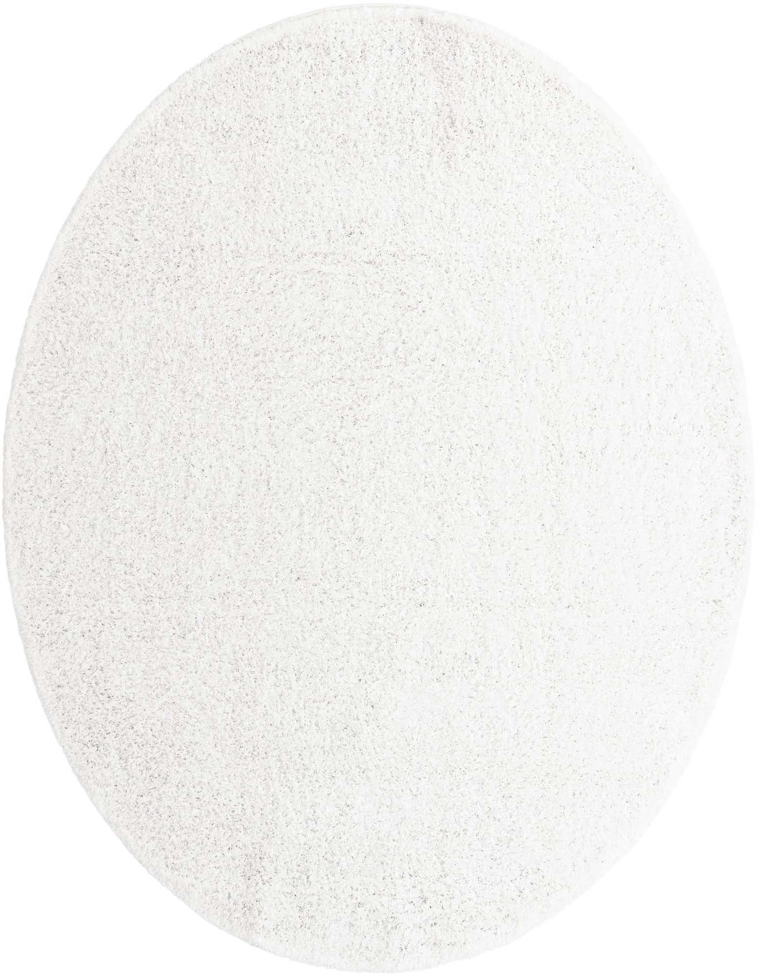 A large 10' 2 x 10' 2 round white shag rug with a soft, textured pile, suitable for a modern living space.