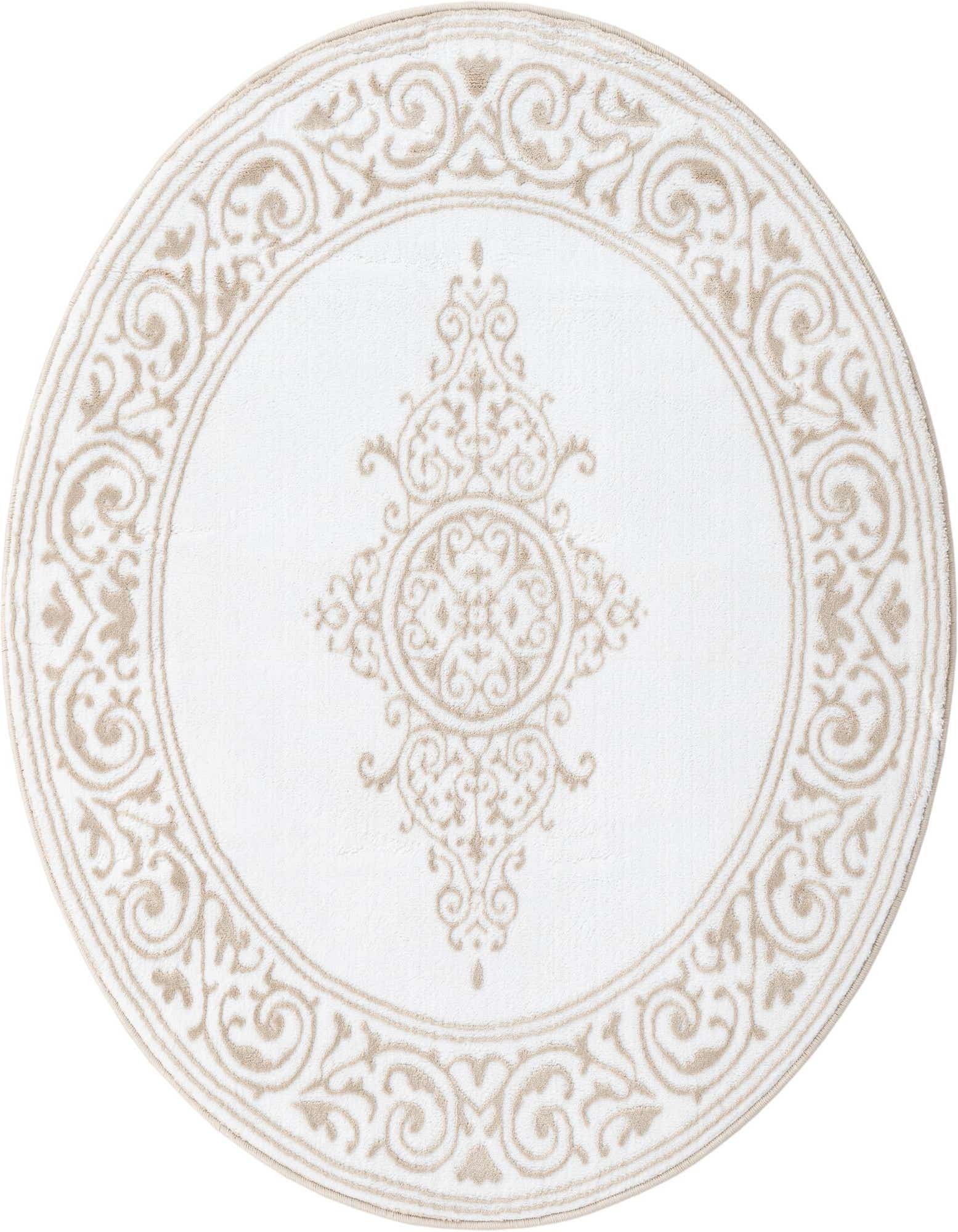 A round white rug with a detailed tan traditional medallion pattern and border, suitable for an indoor living space.