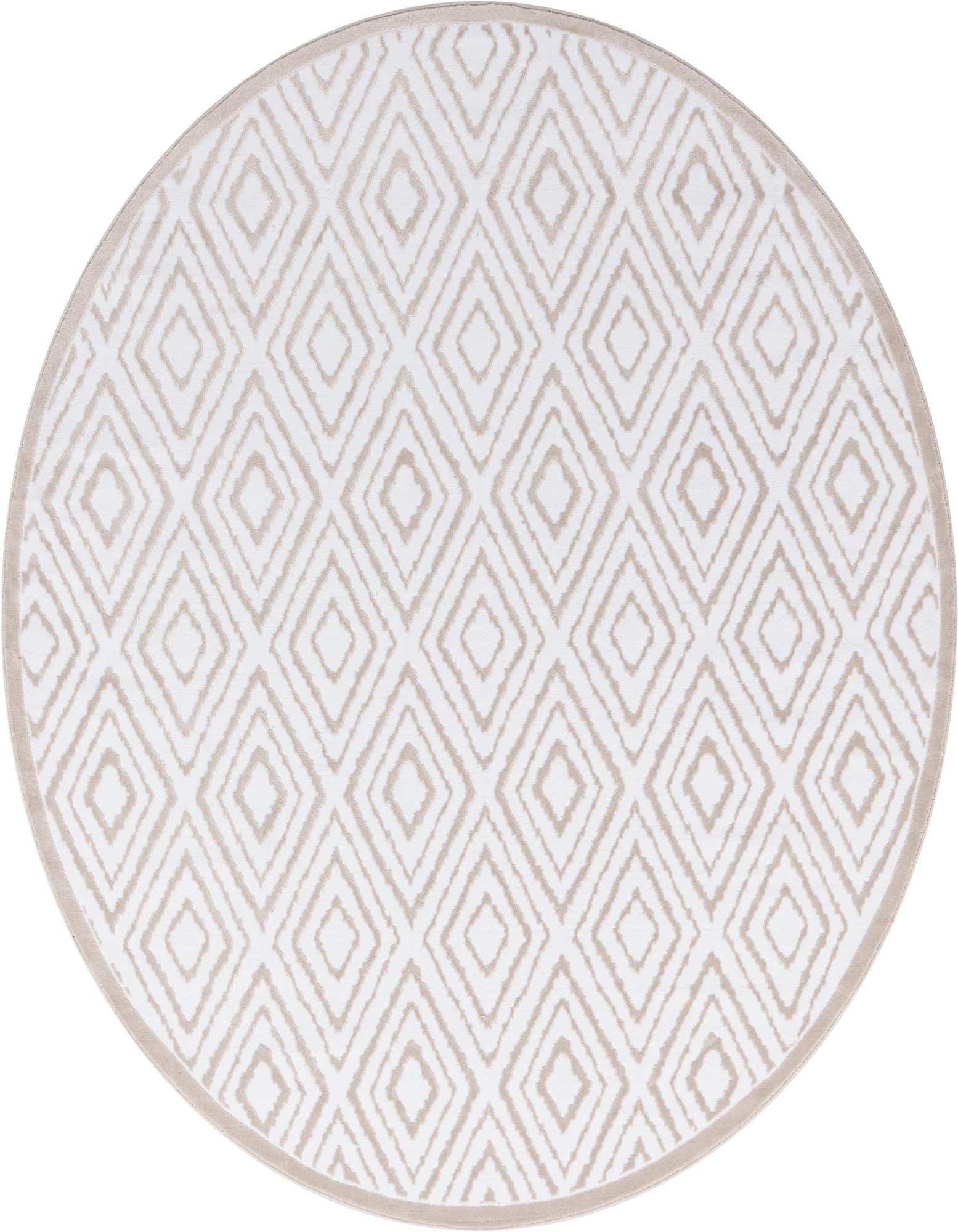 A round 7' 10 x 7' 10 white rug with a modern abstract diamond pattern in light beige, featuring a high/low textured pile.