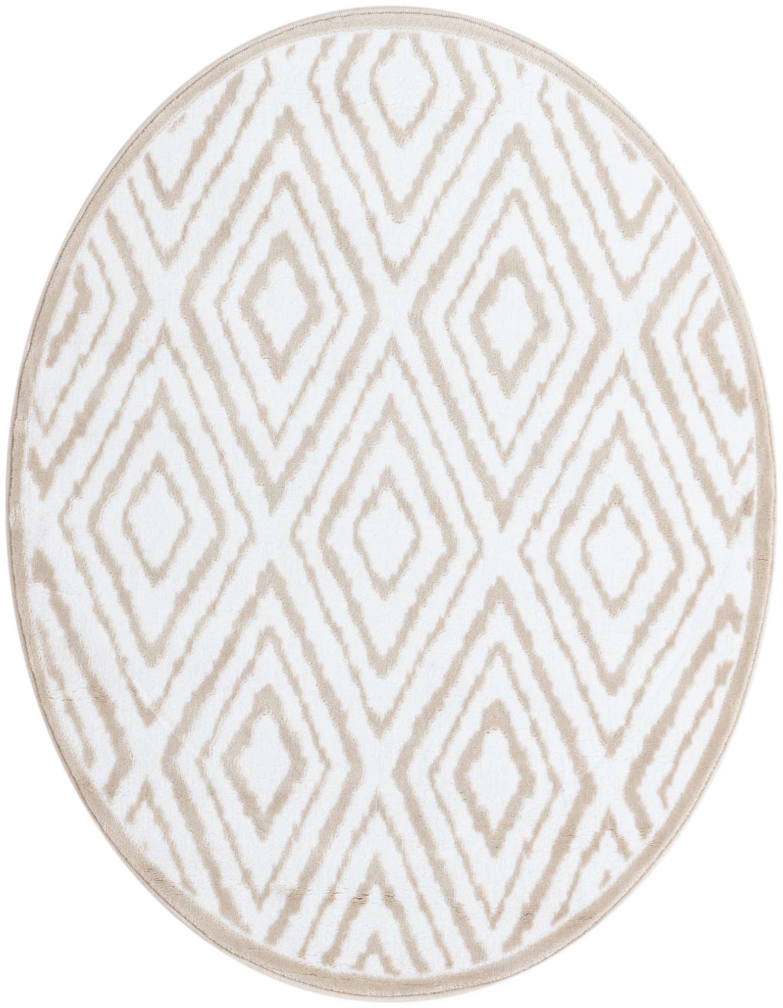 A 4' round white rug with a modern tan geometric diamond pattern, perfect for a patio or indoor space.