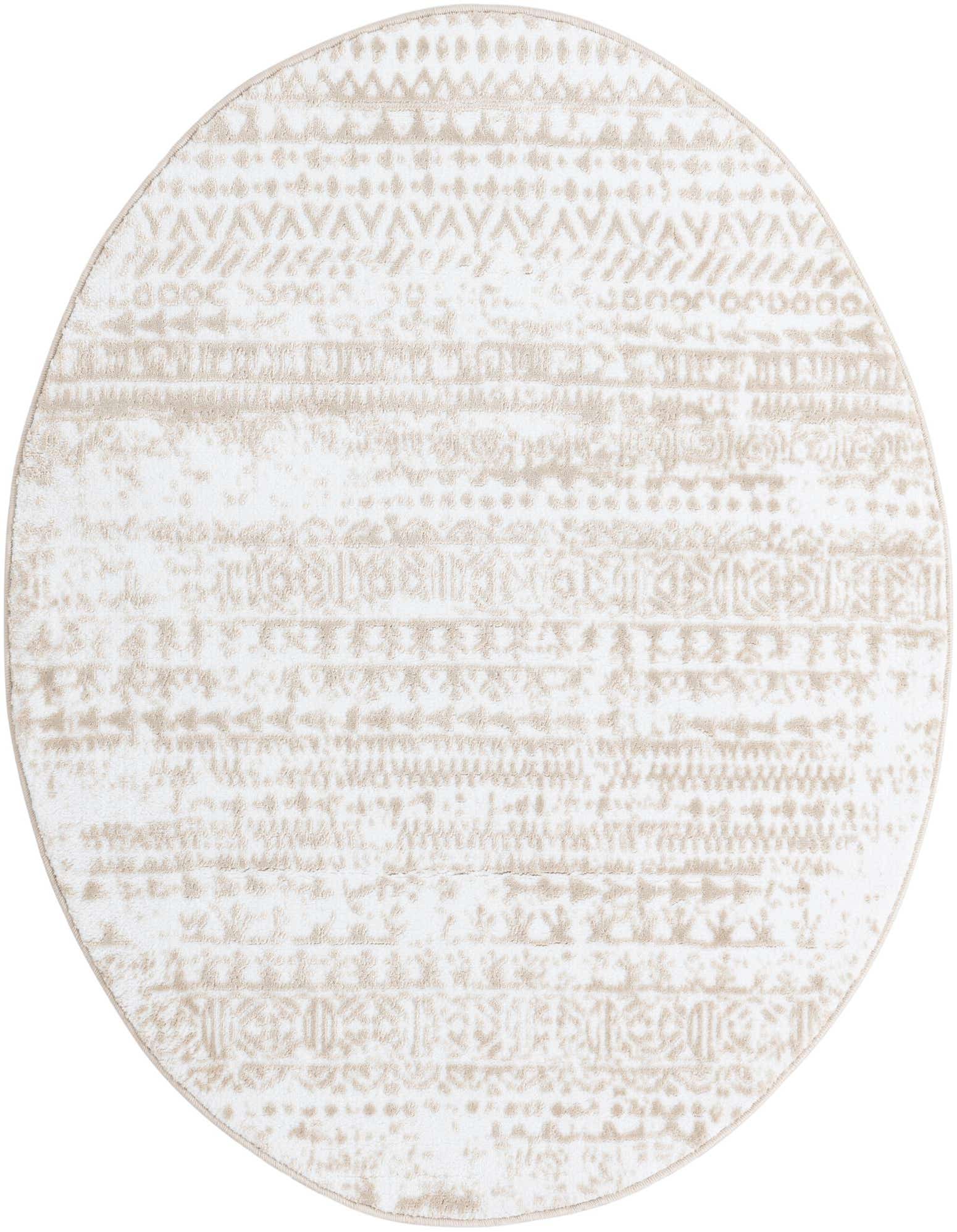 A round 4' white rug with subtle beige tribal and modern stripe patterns, featuring a high/low textured pile.