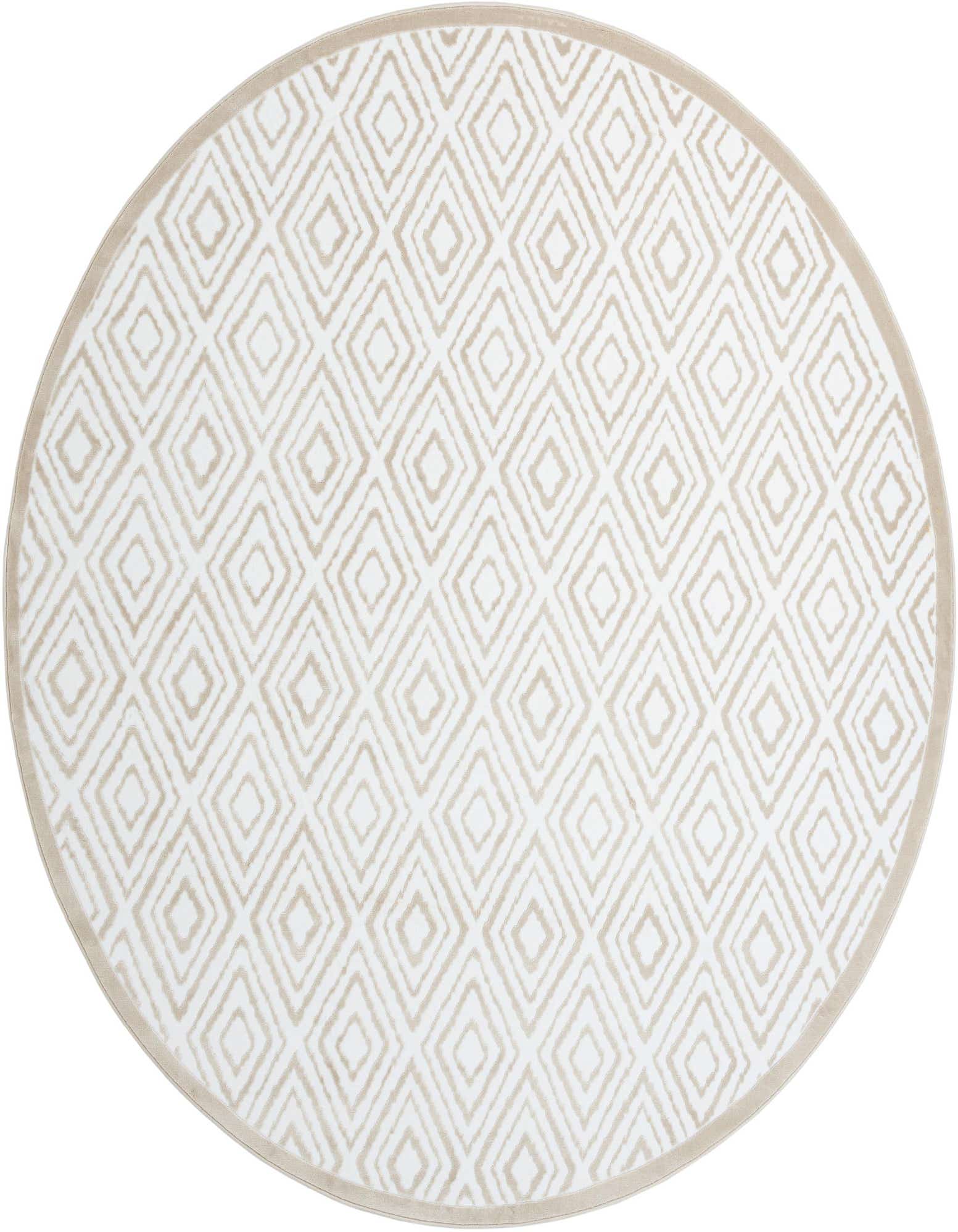 A 10-foot round white rug with a modern geometric diamond pattern in light beige, featuring a textured high-low pile.