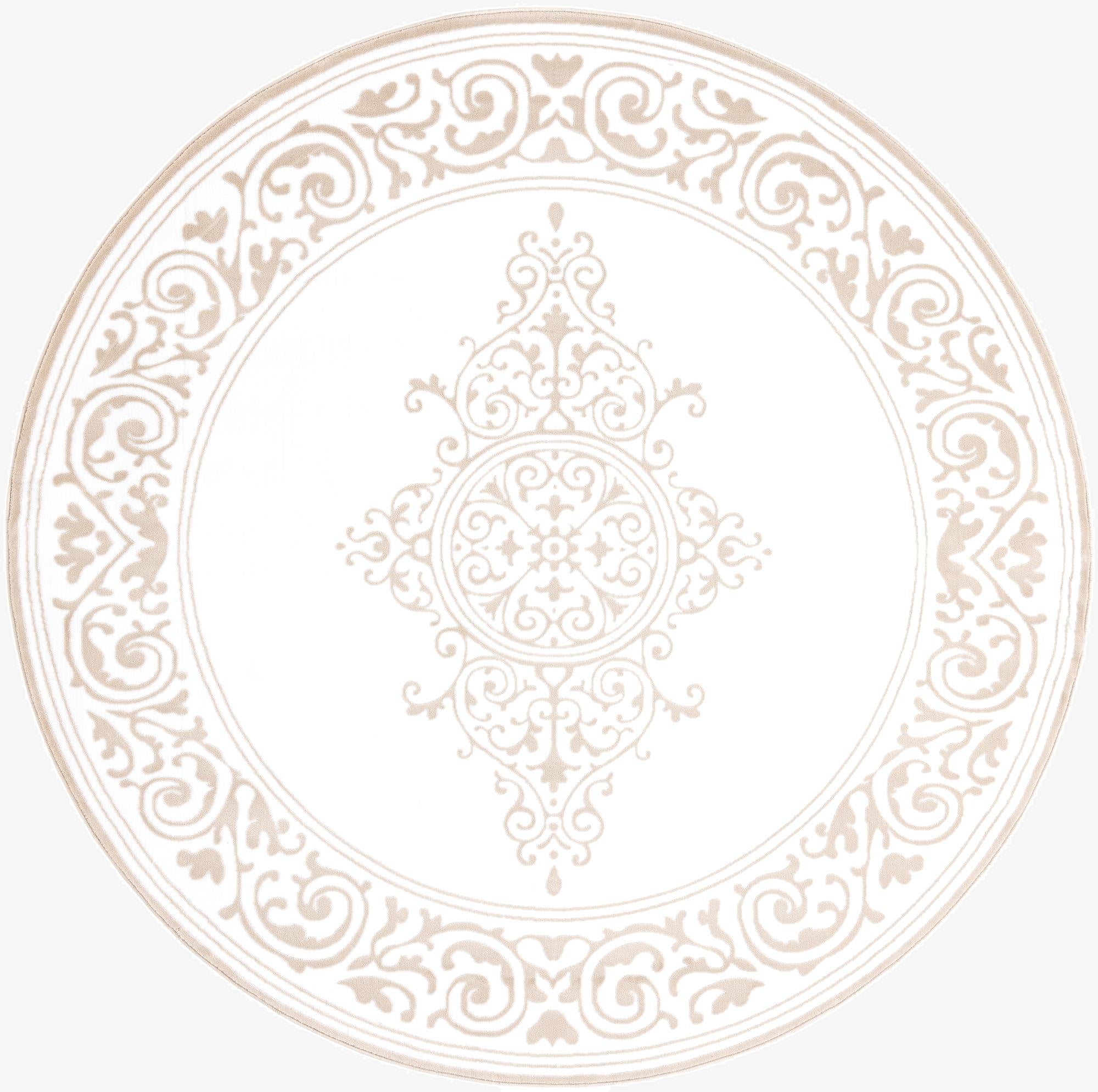 A round white rug with a detailed beige traditional medallion pattern and a decorative border.