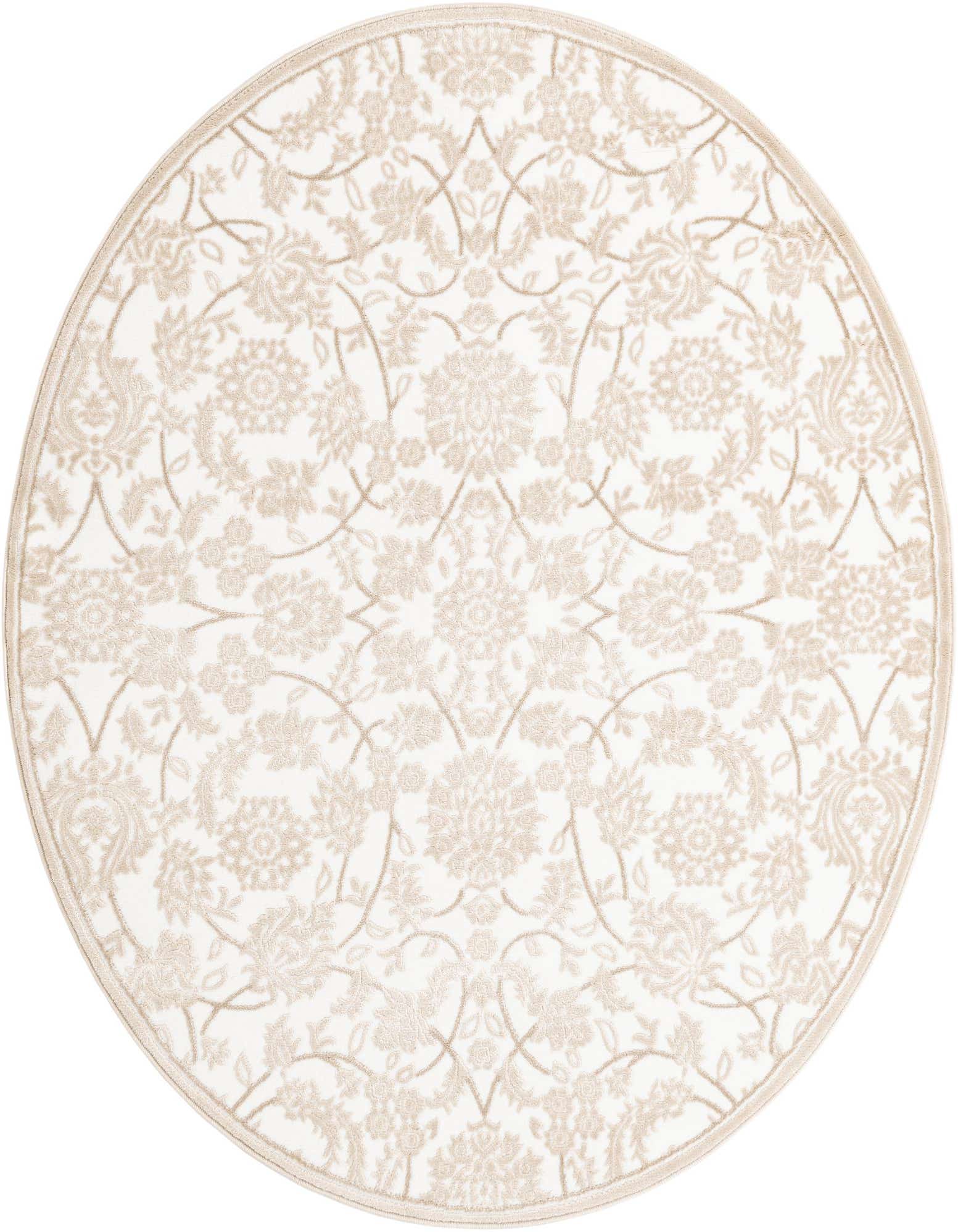 A 5' round white indoor rug with a subtle beige traditional floral and botanical pattern, featuring a textured pile.