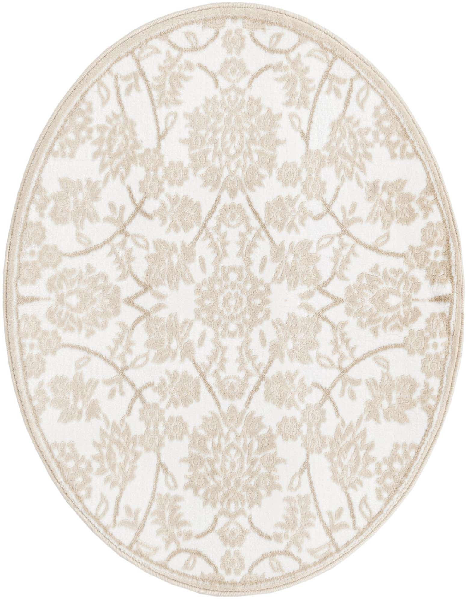 A round 3' 3 x 3' 3 white area rug featuring a subtle cream traditional floral pattern and textured pile.