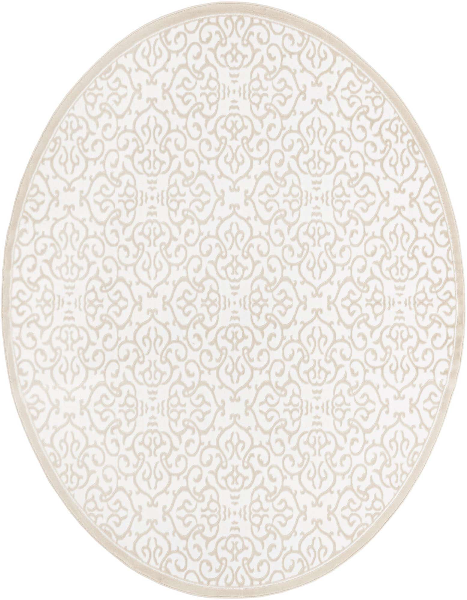 A round 7' 10 x 7' 10 white rug with a subtle beige Hollywood Regency floral pattern and a thin beige border.