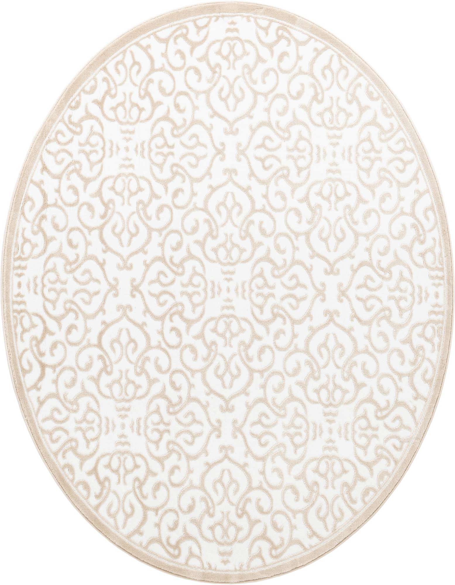 A 6' round white area rug with an intricate light beige Hollywood Regency botanical pattern and a thin beige border.