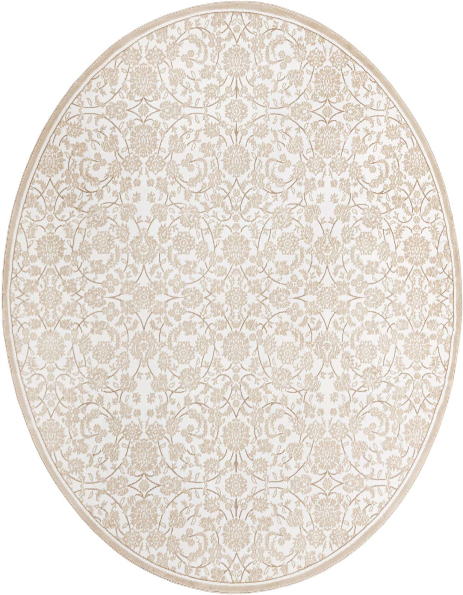 A large round white rug with an intricate beige traditional floral pattern and a thin beige border.