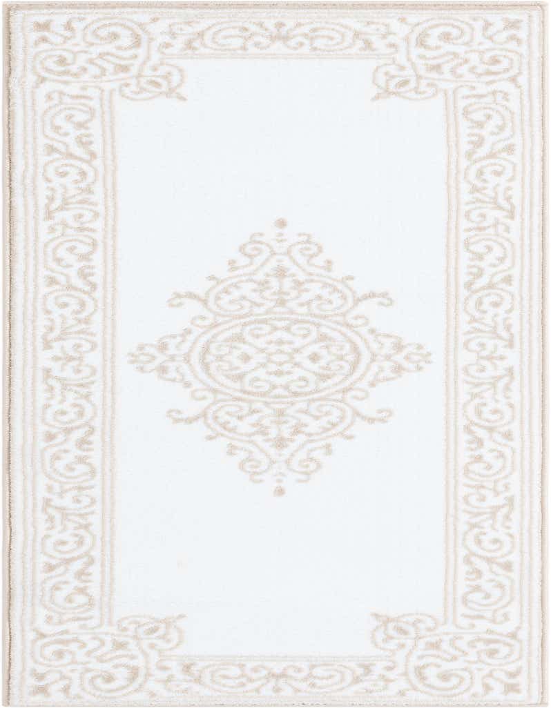 A 5 ft runner rug with a white background and a beige traditional medallion pattern, ideal for a hallway.