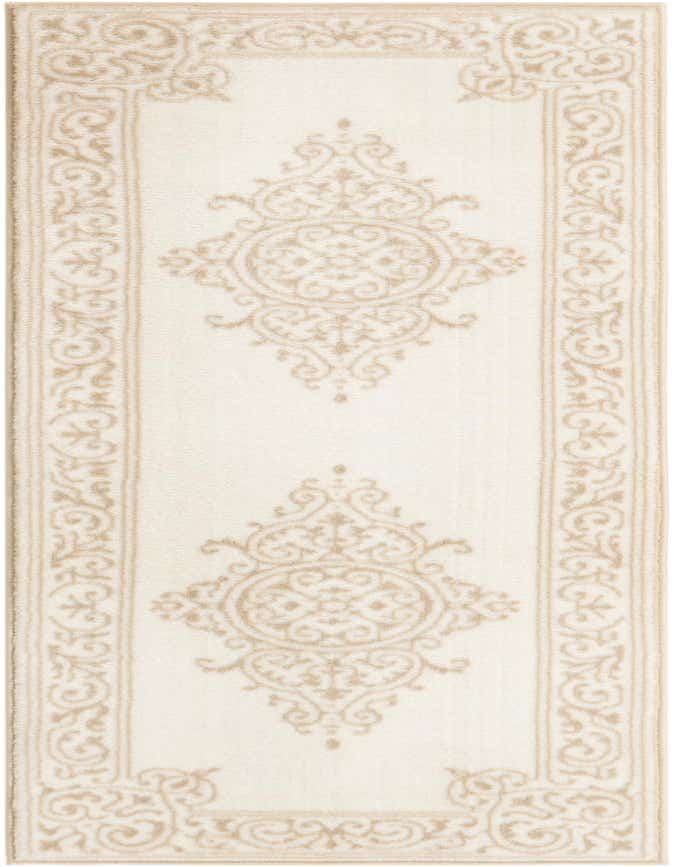 A 6 ft runner rug with a traditional medallion and scroll pattern in light beige on a cream background, ideal for a hallway.