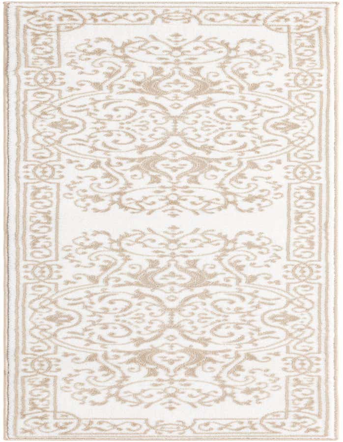 A 6 ft runner rug with a traditional floral pattern in white and beige, ideal for a hallway.