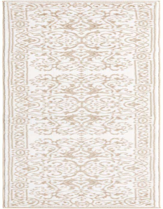 A white 8 ft runner rug with a repeating traditional floral pattern in light beige, ideal for a hallway.