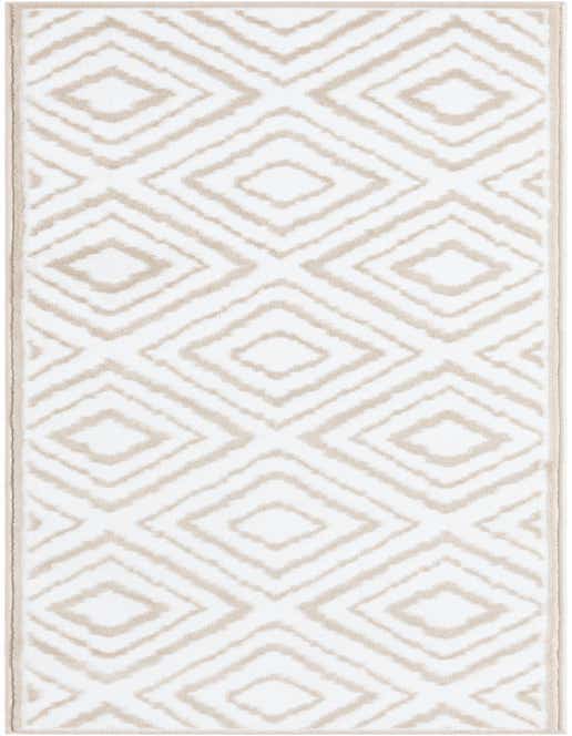 White 8 ft runner rug with a modern geometric diamond pattern in textured beige, ideal for hallways.