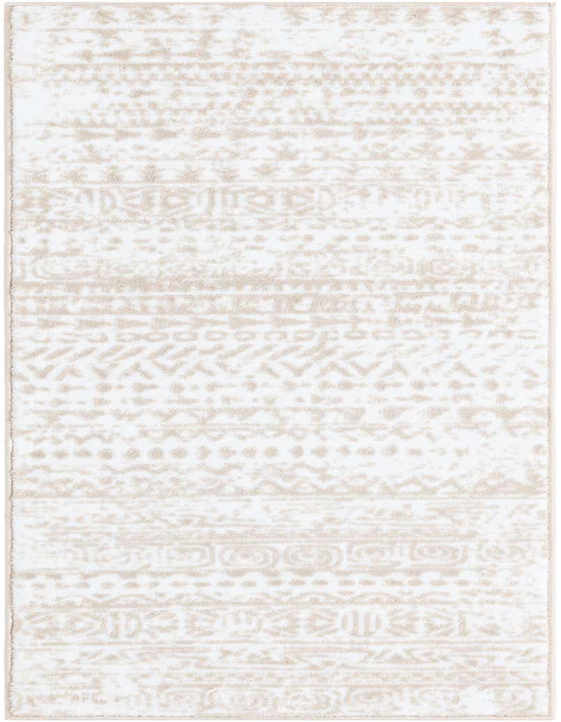 A 5 ft runner rug featuring a modern tribal stripe pattern in varying shades of white and light beige, ideal for a hallway.