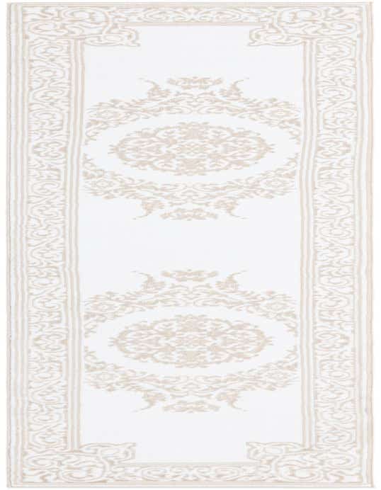 A 10 ft white runner rug with an elegant beige scrollwork border and two large medallion patterns.