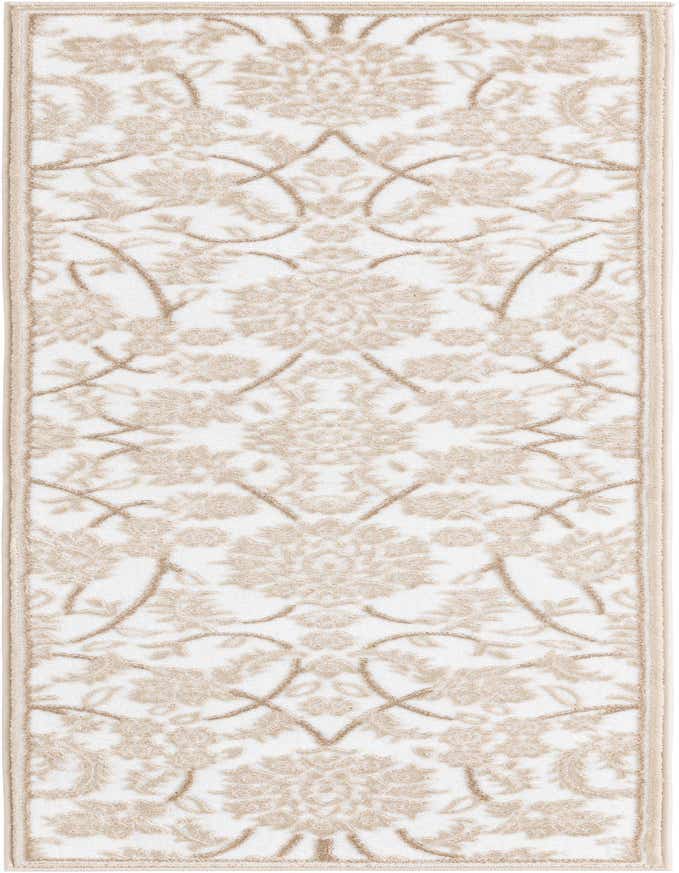 A 6 ft runner rug with a white background and an intricate beige traditional floral pattern, perfect for a hallway.