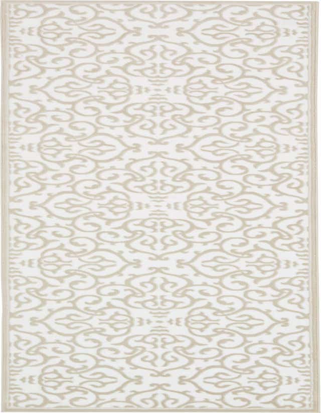 A 10 ft runner rug from the Nepal collection, featuring a white background with an elegant, textured beige botanical and scroll pattern, ideal for a hallway.