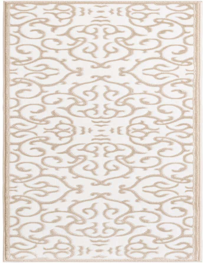 A 6 ft runner rug with a textured white background and an elegant beige botanical pattern, ideal for a hallway.