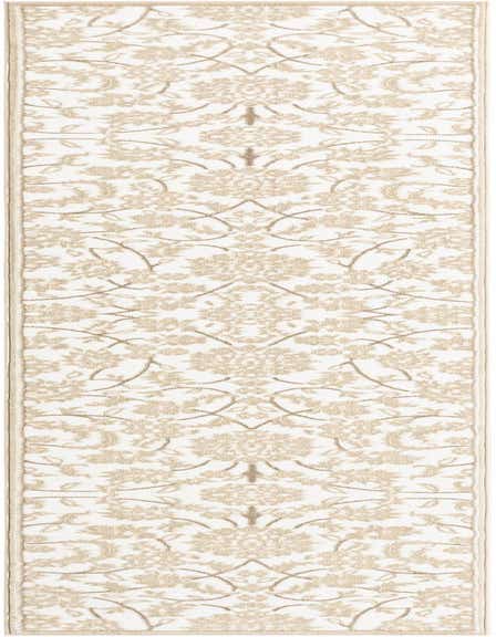 A 12 ft white runner rug with a subtle, textured beige floral and vine pattern, ideal for a hallway.