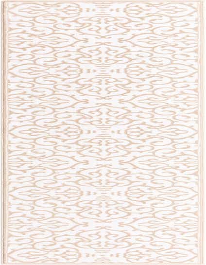 A 12 ft white runner rug with an elegant beige Hollywood Regency floral pattern and textured pile, ideal for a hallway.