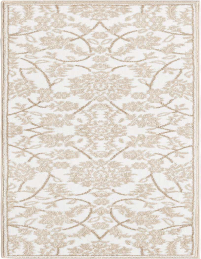 A 5 ft runner rug in white with a textured beige traditional floral pattern, ideal for a hallway.