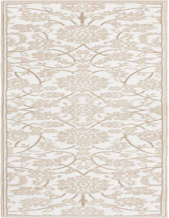 A 7 ft runner rug in white with a textured, traditional floral pattern in light beige, ideal for a hallway.