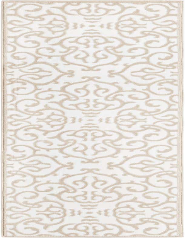 A 7 ft runner rug in white with a textured beige floral pattern, ideal for hallways.