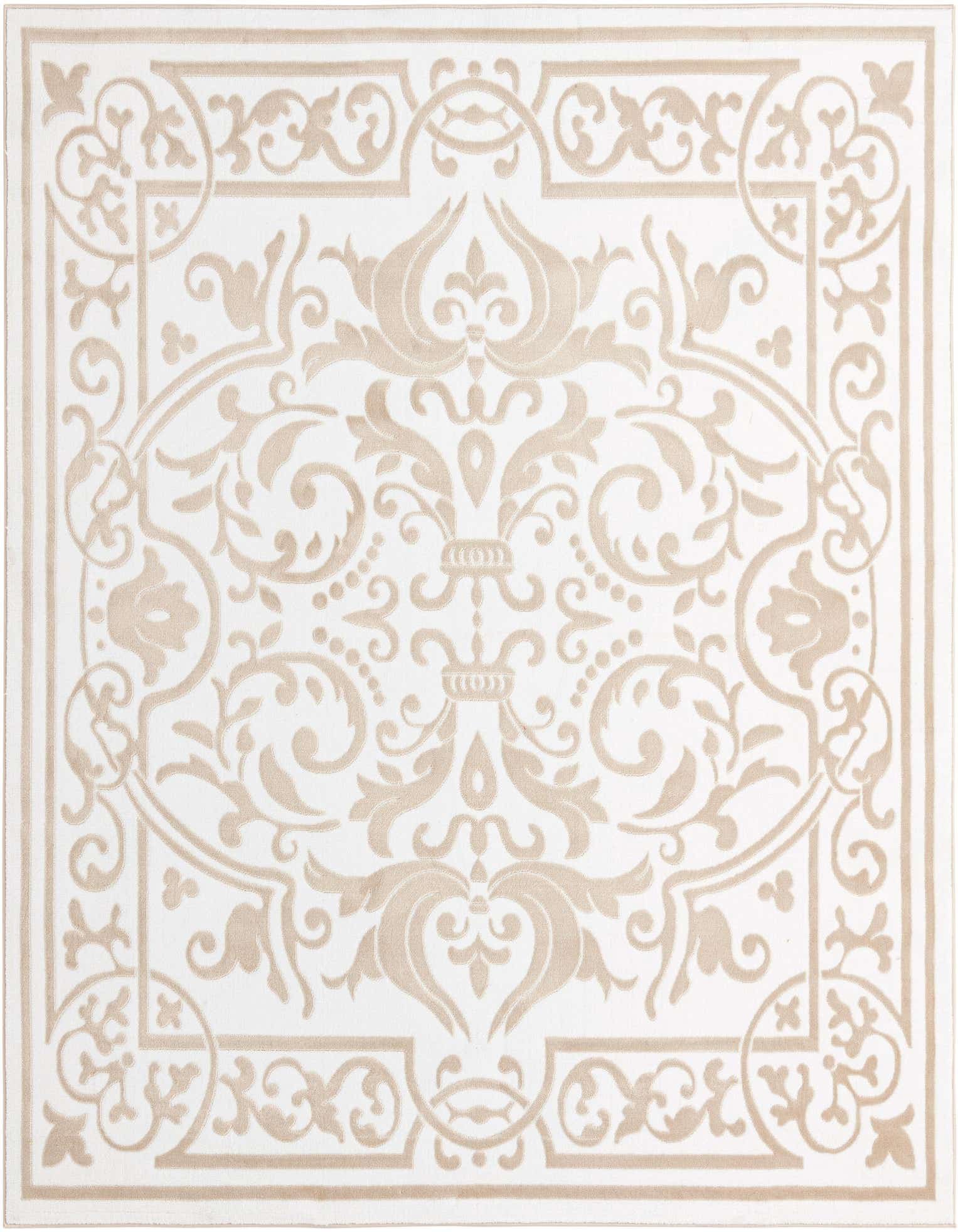 A 7' 10 x 7' 10 square white area rug with an intricate beige traditional floral and scroll pattern.