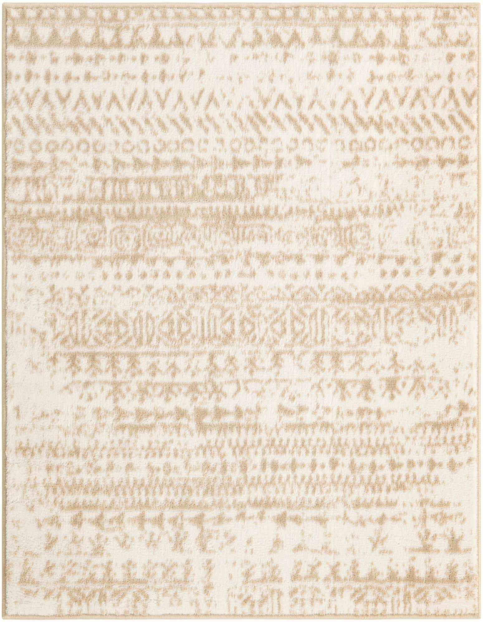 A square 3' 3 x 3' 3 white and beige tribal rug with a high/low textured pile, featuring various geometric patterns.