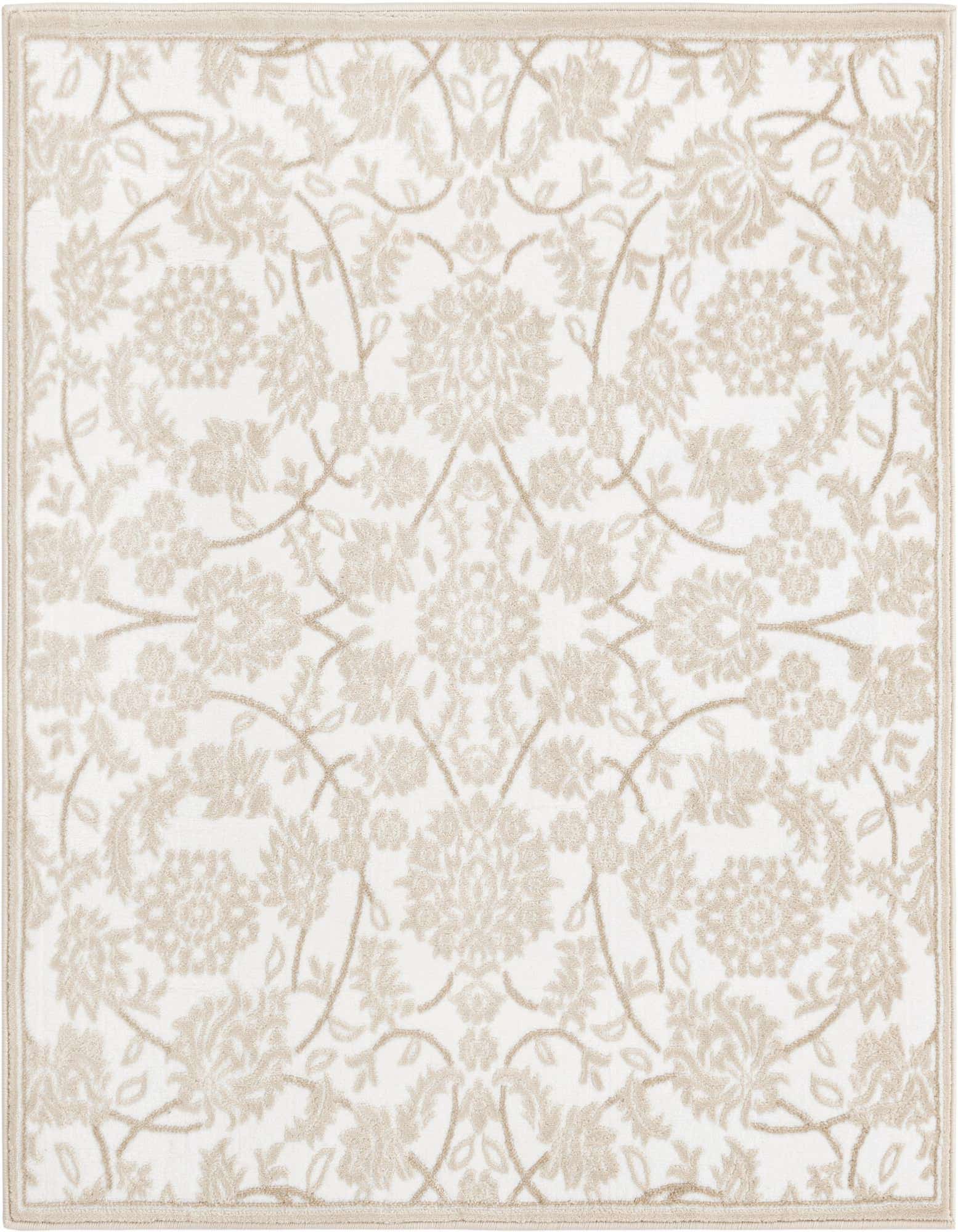 A 4'x4' square white area rug with a subtle beige traditional floral and vine pattern, featuring a textured pile.