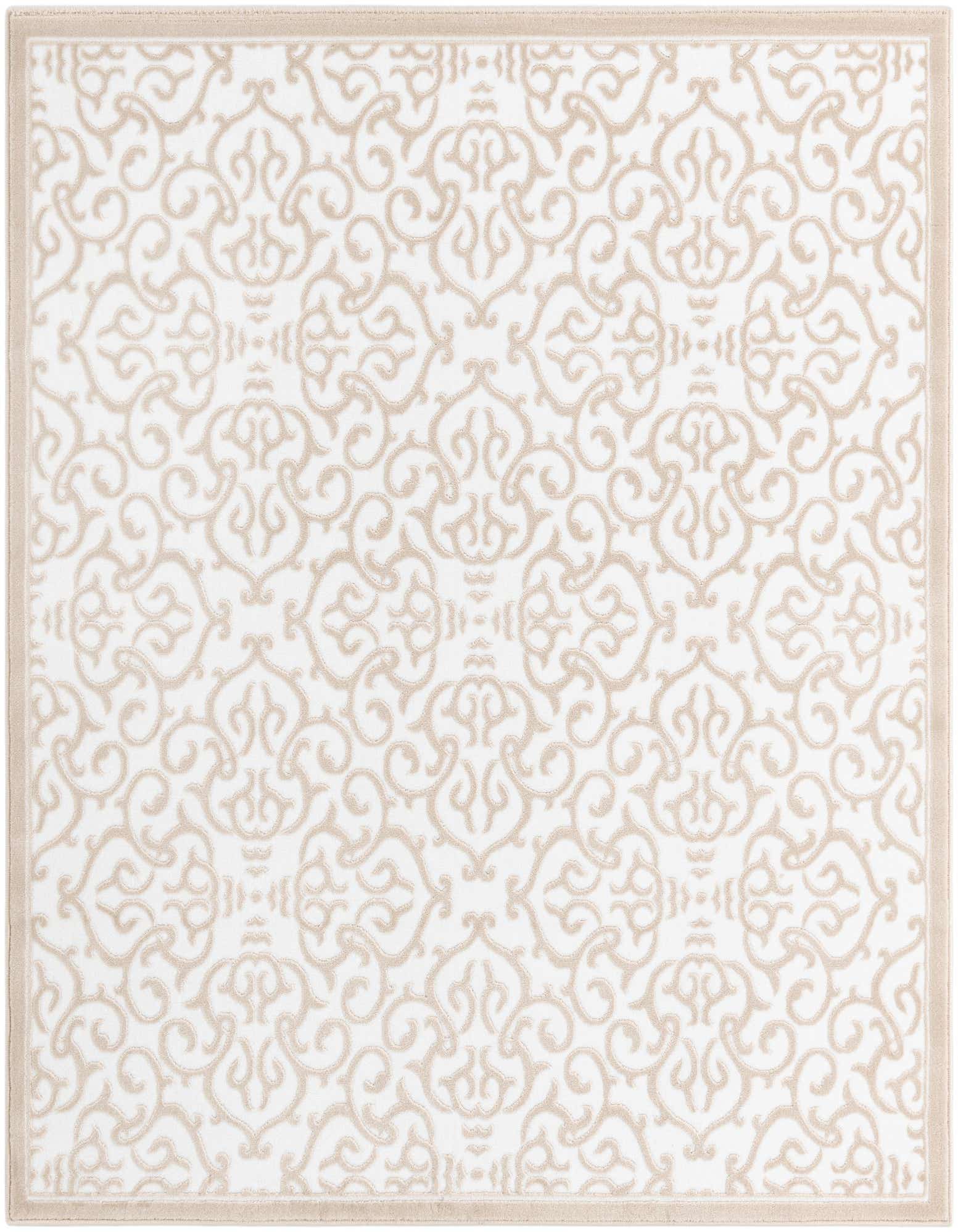 A 6'x6' square white rug with an elegant beige traditional floral pattern and a matching border.